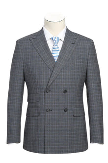 Mens Designer Slim Fit Double Breasted Suit in Light Grey Windowpane Plaid Check