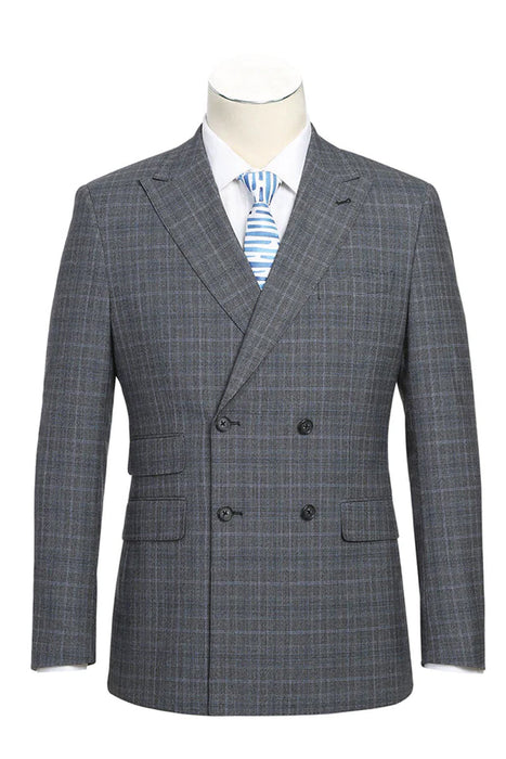 Mens Designer Slim Fit Double Breasted Suit in Light Grey Windowpane Plaid Check