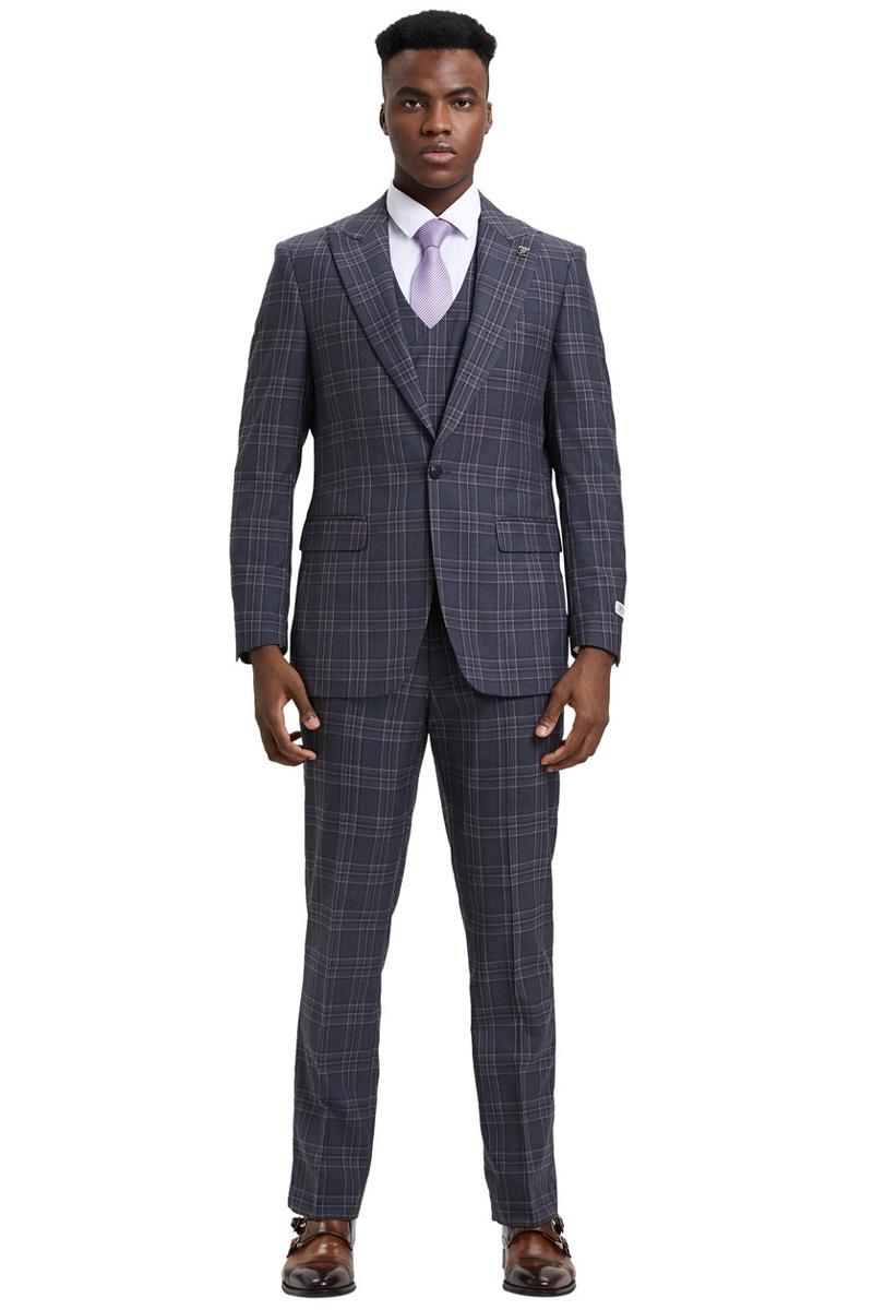 Men's Stacy Adams One Button Peak Lapel Double Breasted Vest Suit in Charcoal Grey Plaid - Image 2