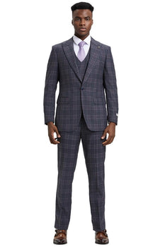 Men's Stacy Adams One Button Peak Lapel Double Breasted Vest Suit in Charcoal Grey Plaid - Image 2
