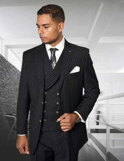 Statement Men's 3 Piece 100% Wool Suit - Fashion Pinstripe