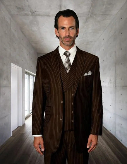 Statement Men's 3 Piece 100% Wool Suit - Fashion Pinstripe