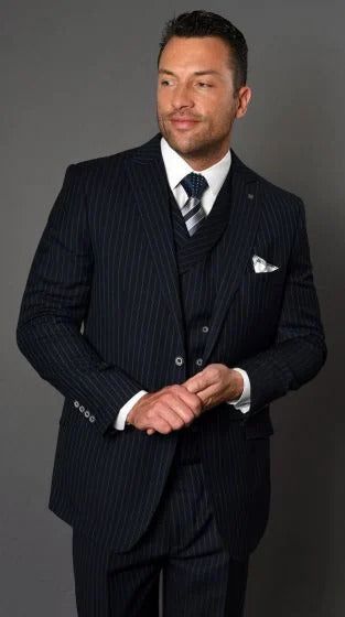 Statement Men's 3 Piece 100% Wool Suit - Fashion Pinstripe