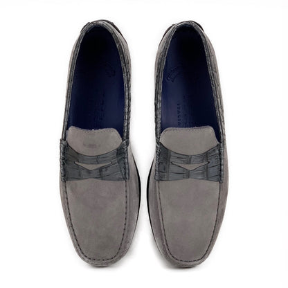 Zelli Monza Suede and Caiman Crocodile Driving Loafers in Gray