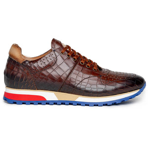 Zelli Rocco Hand-Burnished Embossed Crocodile Sneakers in Brown