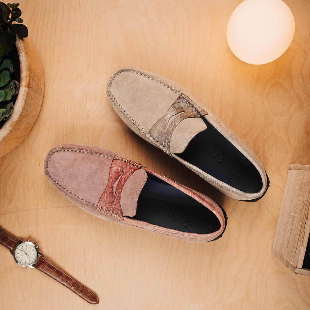 Zelli Monza Suede and Genuine Crocodile Driving Loafers in Sand