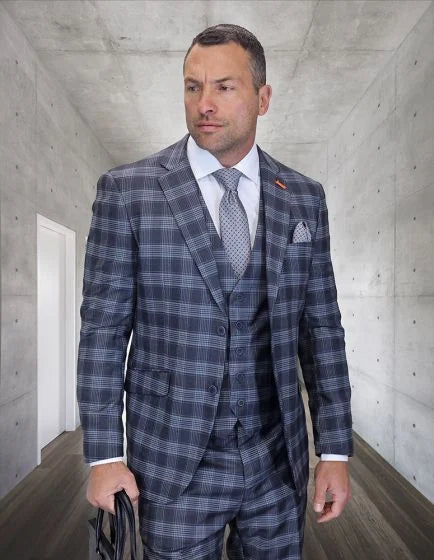 Statement Men’s 3-Piece 100% Wool Modern Fit Suit – Sharp Plaid Pattern