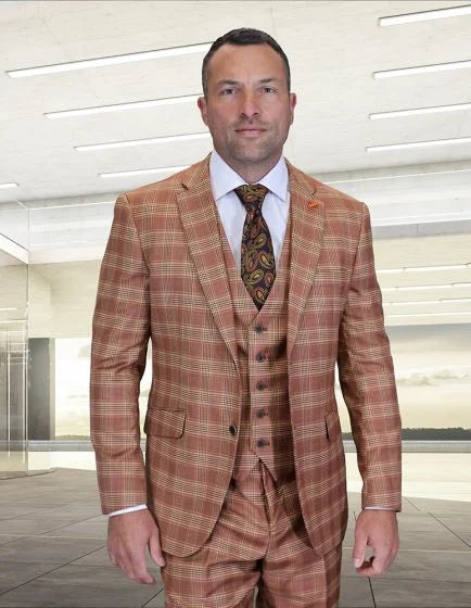 Statement Men’s 3-Piece 100% Wool Modern Fit Suit – Sharp Plaid Pattern