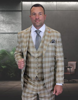 Statement Men’s 3-Piece 100% Wool Modern Fit Suit – Sharp Plaid Pattern