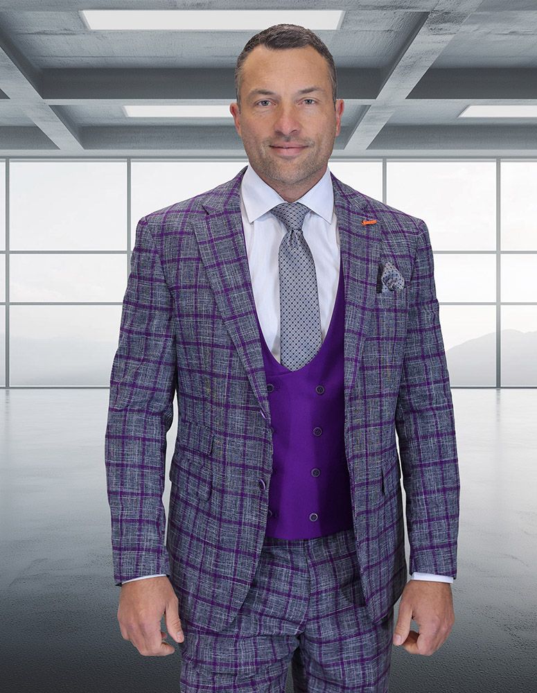 Statement Men's Solid Sapphire Blue Modern Fit 100% Wool Vested Suit