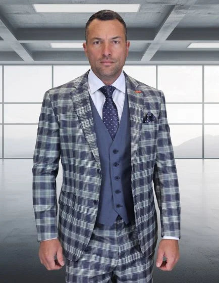 Statement Men’s 3-Piece 100% Wool Suit – Coordinating Solid Color Vest Modern Fit