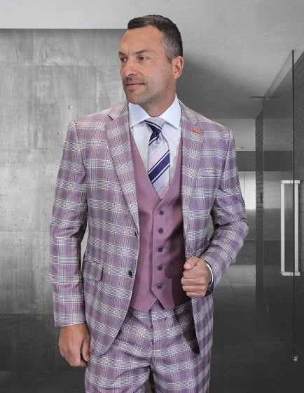 Statement Men’s 3-Piece 100% Wool Suit – Coordinating Solid Color Vest Modern Fit