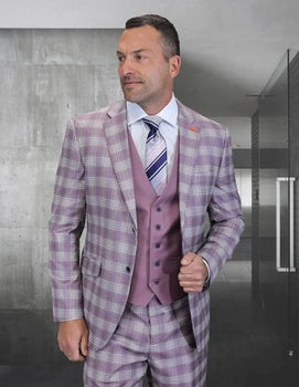 Statement Men’s 3-Piece 100% Wool Modern Fit Suit – Coordinating Solid Color Vest