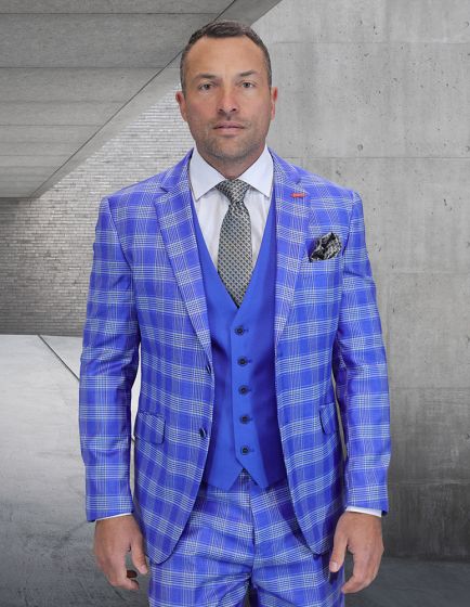 Statement Men’s 3-Piece 100% Wool Suit – Coordinating Solid Color Vest Modern Fit