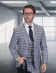 Statement Men's 3-Piece Modern Fit Suit – 100% Wool with Classic Plaid Pattern