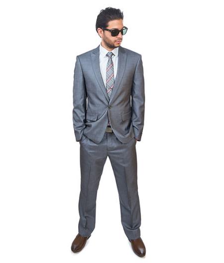 1 Button Peak Lapel Slim Fit Men Textured Suit Flat Front Pant Grey