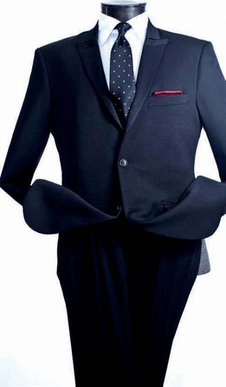 Single Breasted Men's 2 Piece Slim Suit - Narrow Peak Lapel Dark Navy - Dark Blue Suit Color