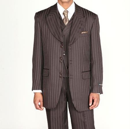 Men's 3 piece Fashion Tone on Tone Stripe ~ Pinstripe Suits w/Vest Brown - Three Piece Suit