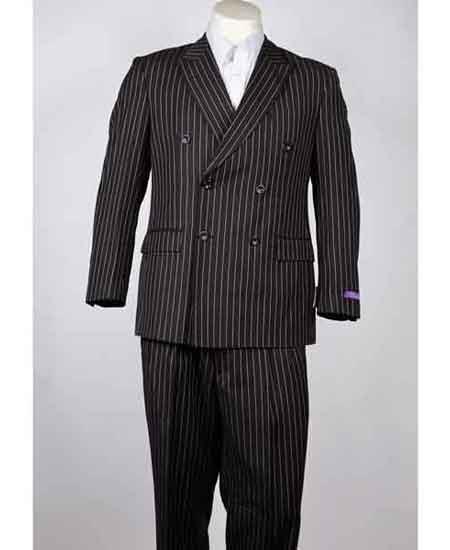 Men's Pinstripe Classic Fit 6 Button Peak Lapel Black Double Breasted Suit