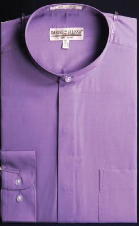 Banded Collar Dress Fashion collarless Shirt With Button Cuff Lavender Men's Dress Shirt