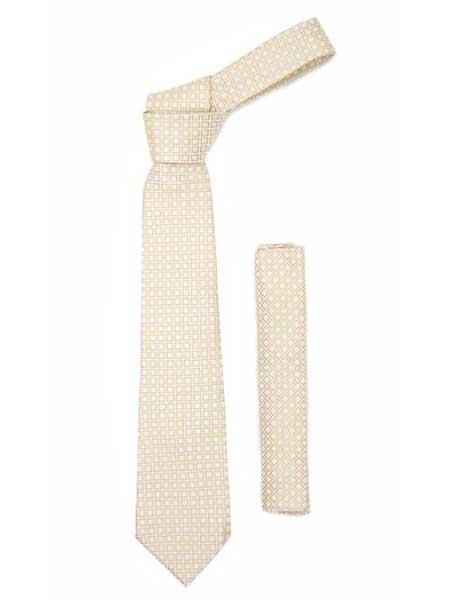Geometric Design Beige Necktie With Handkerchief Set - Men's Neck Ties - Mens Dress Tie - Trendy Mens Ties