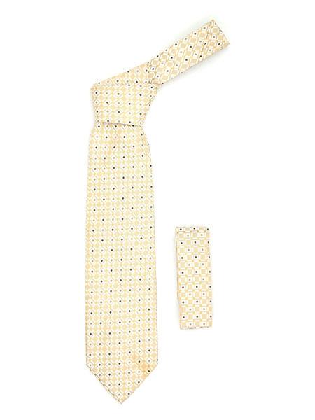 Men's Geometric Square Pattern Beige Trendy Necktie With Hanky Set-Men's Neck Ties - Mens Dress Tie - Trendy Mens Ties