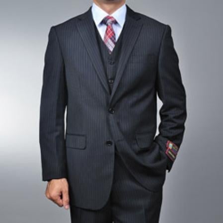Men's Black Pinstripe 2-button Vested three piece suit 