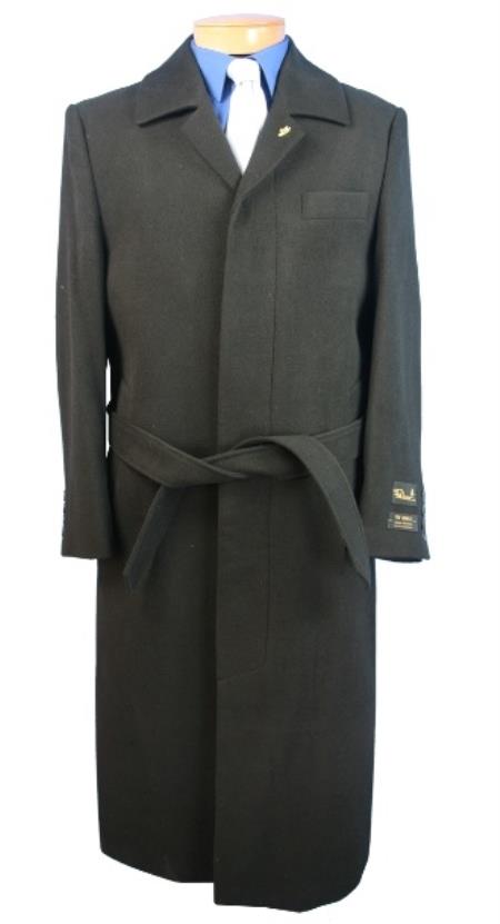 Men's Dress Coat Belted Black Full Length Blend Long Men's Dress Topcoat -  Winter coat Black Color - Men's Overcoat