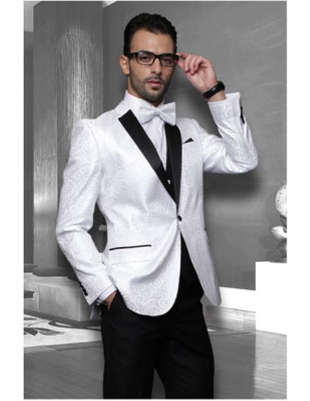 Style#-B6362 Men's White Sport coat Black Lapel Floral Shiny Tuxedo Paisley Flashy Satin Stage Dance 