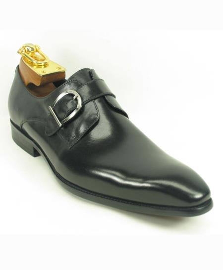 Men's Black Leather Side Buckle Style Slip On Fashionable Carrucci Black Dress Shoe