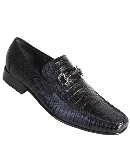 Los Altos Boots  Men's Stylish Black Genuine Caiman Belly and Lizard Classic Slip-On Dress Shoes