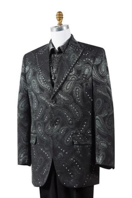Style#-B6362 Black Paisley Floral 3 Piece Vested Fashion Tuxedo Suit