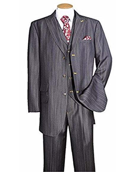 Men's Black Stripe ~ Pinstripe Peak Lapel Vested 3 Piece Cheap Priced Business Suits Clearance Sale - Men's Denim 2 piece Set pleated pants Denim look Ticket Pocket 