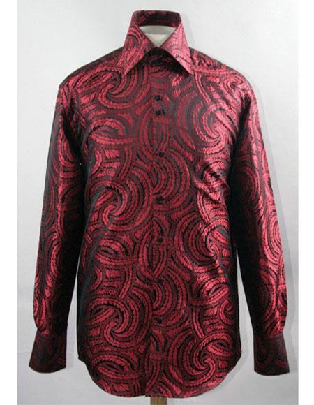 Men's Black/Red High Collar Fashion ~ Shiny ~ Silky Fabric Braid Swirl Pattern Club Clubbing Clubwear Shirts Night Club Outfit guys Wear For Men Clothing Fashion