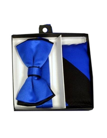 Men's Black/Royal Blue Polyester Satin dual colors classic Bowtie with hankie - Men's Neck Ties - Mens Dress Tie - Trendy Mens Ties