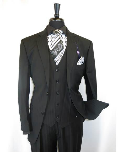 Vinci Men's Black On Black Shadow Stripe Style Two Buttons  Vested Suit