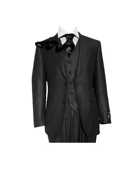 Black Three Piece Slim Fit Vested Suit Peak Lapel