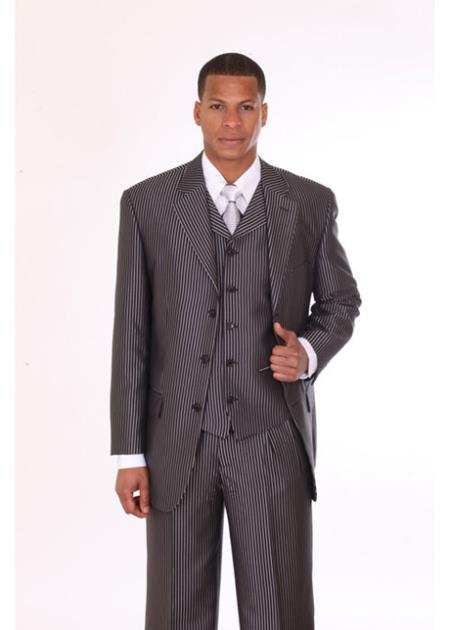 Men's 3 Piece 3 Button Stripe ~ Pinstripe Suit with Lapel Vest Black With Stripe - Three Piece Suit