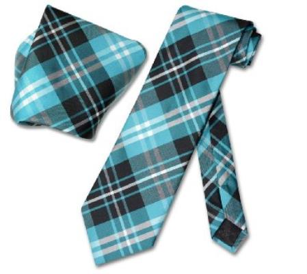 Black turquoise ~ Light Blue Stage Party White NeckTie & Handkerchief Neck Tie Set - Men's Neck Ties - Mens Dress Tie - Trendy Mens Ties