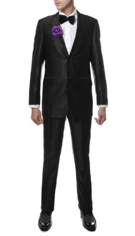 Men's  2 Button Closure Sharkskin Slim Fitted Suit Black