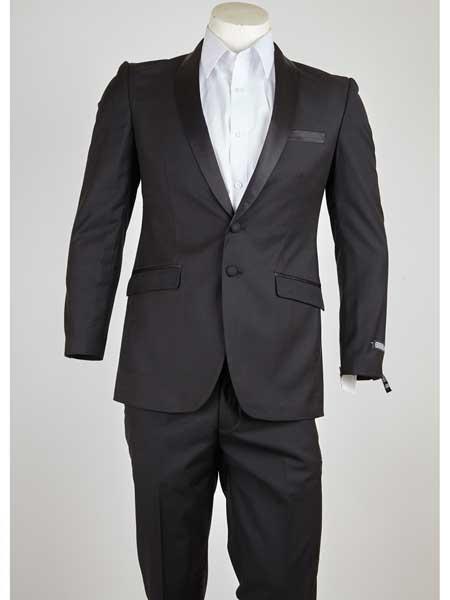 Black Men's 2 Button Shawl Lapel Slim Fit  Suit