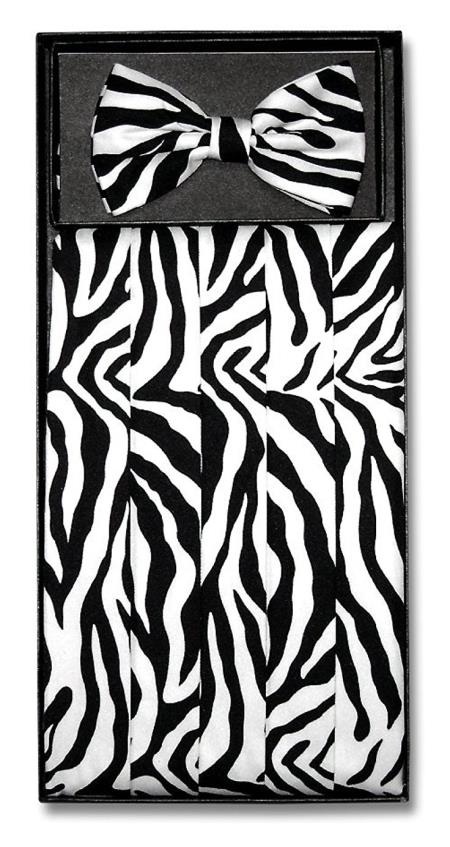 Men's Black/White Zebra Skin Design Polyester Bowtie & Matching Cummerbund 