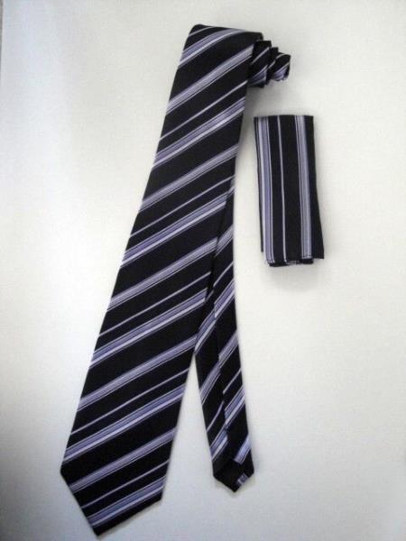 Neck Tie Set Black W/ Silver And Lavender Design - Men's Neck Ties - Mens Dress Tie - Trendy Mens Ties