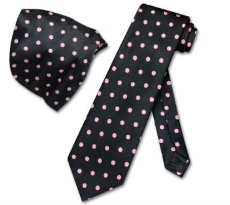 BLACK w Lt. PINK Polka Dots NeckTie Handkerchief Matching Tie Set - Men's Neck Ties - Mens Dress Tie - Trendy Mens Ties