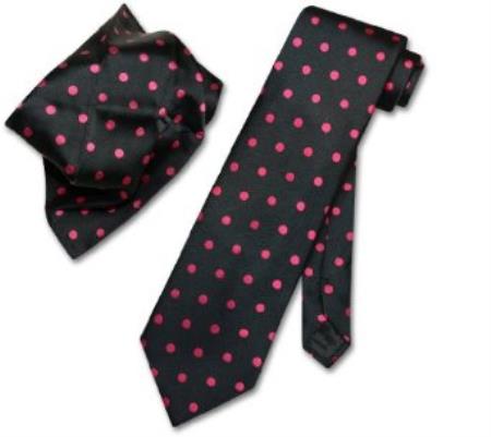 Black w/ Hot Pink Fuchsia ~ fuschia ~ hot Pink Polka Dots NeckTie Handkerchief Tie Set - Men's Neck Ties - Mens Dress Tie - Trendy Mens Ties