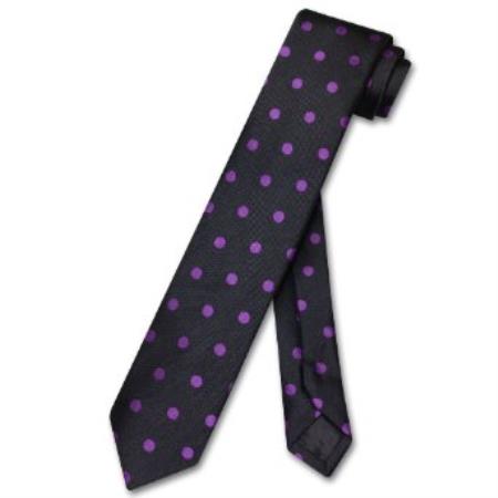 Narrow Necktie Skinny Black w/ Purple Polka Dots Men's 2.5 Tie - Men's Neck Ties - Mens Dress Tie - Trendy Mens Ties