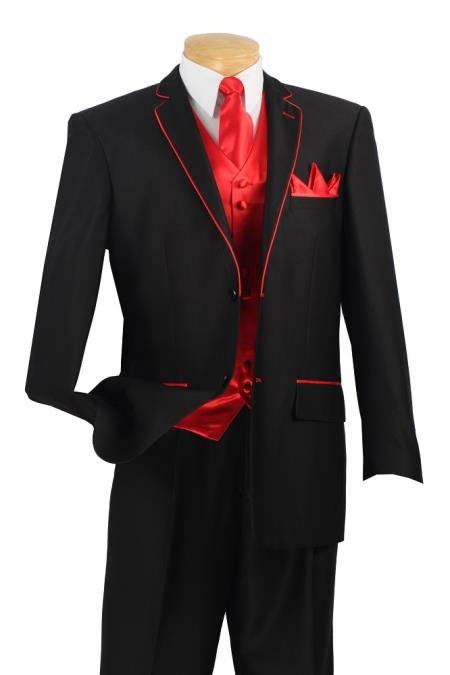 Men's 5 Piece Tuxedo Elegance Suit - Fancy Trim Black with Red 7 days