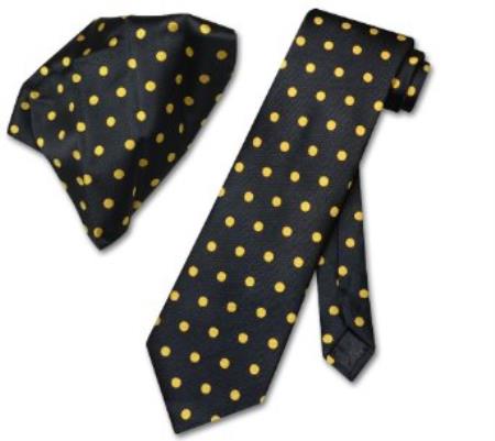 Black w/ Yellow Polka Dots Necktie Handkerchief Matching Tie Set - Men's Neck Ties - Mens Dress Tie - Trendy Mens Ties