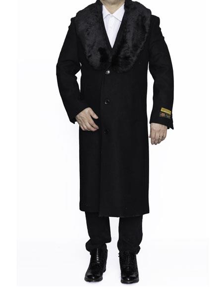 Men's Black Full Length 48” Long Fur Collar  Overcoat 