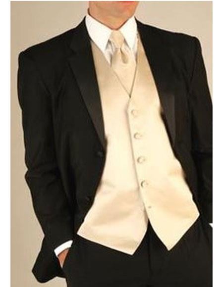 Men's Black Wool Tuxedo Suit With Champagne Color Vest & Tie & Bowtie Set 